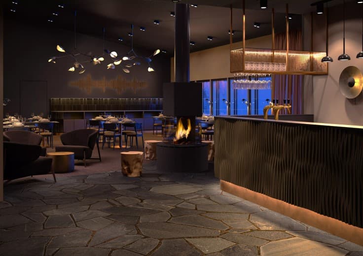 Modern Nordic lounge in the Hotel Kuura with ambient lighting and dark tones