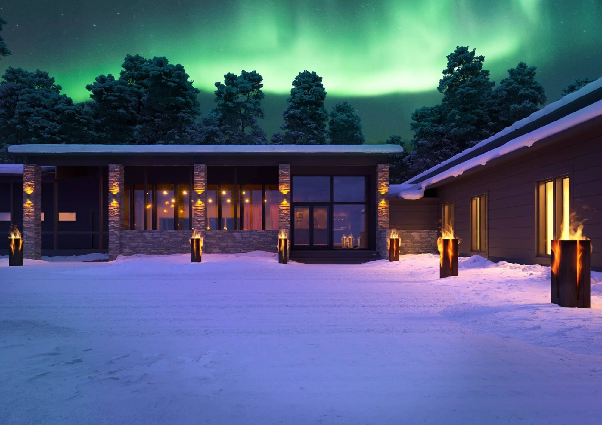 Beautiful Hotel in Lapland under green northen lights