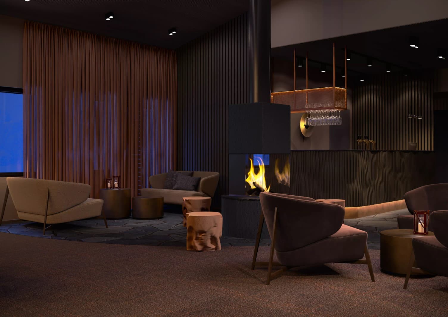 Cozy firelight lounge in Hotel Kuura